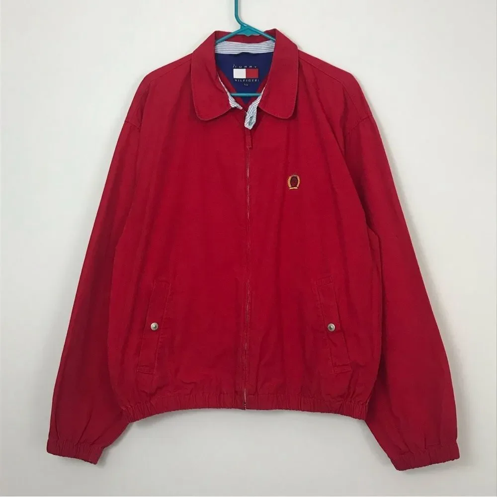Vintage 90's Tommy Hilfiger Crest Harrington Jacket Red Bomber Zip Front Mens LG